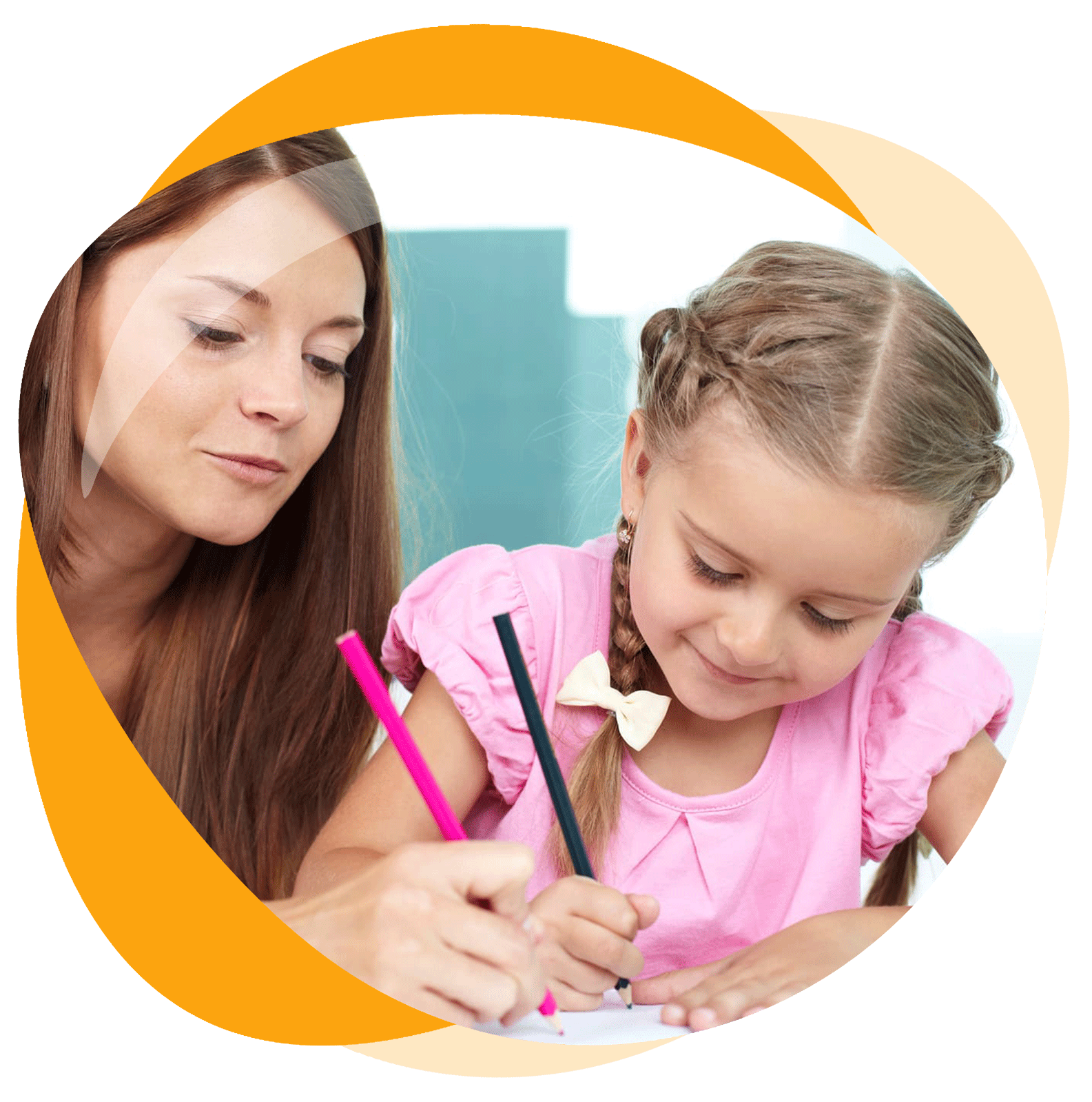 Woman helping a child write with a pencil; both are focused in a bright room.