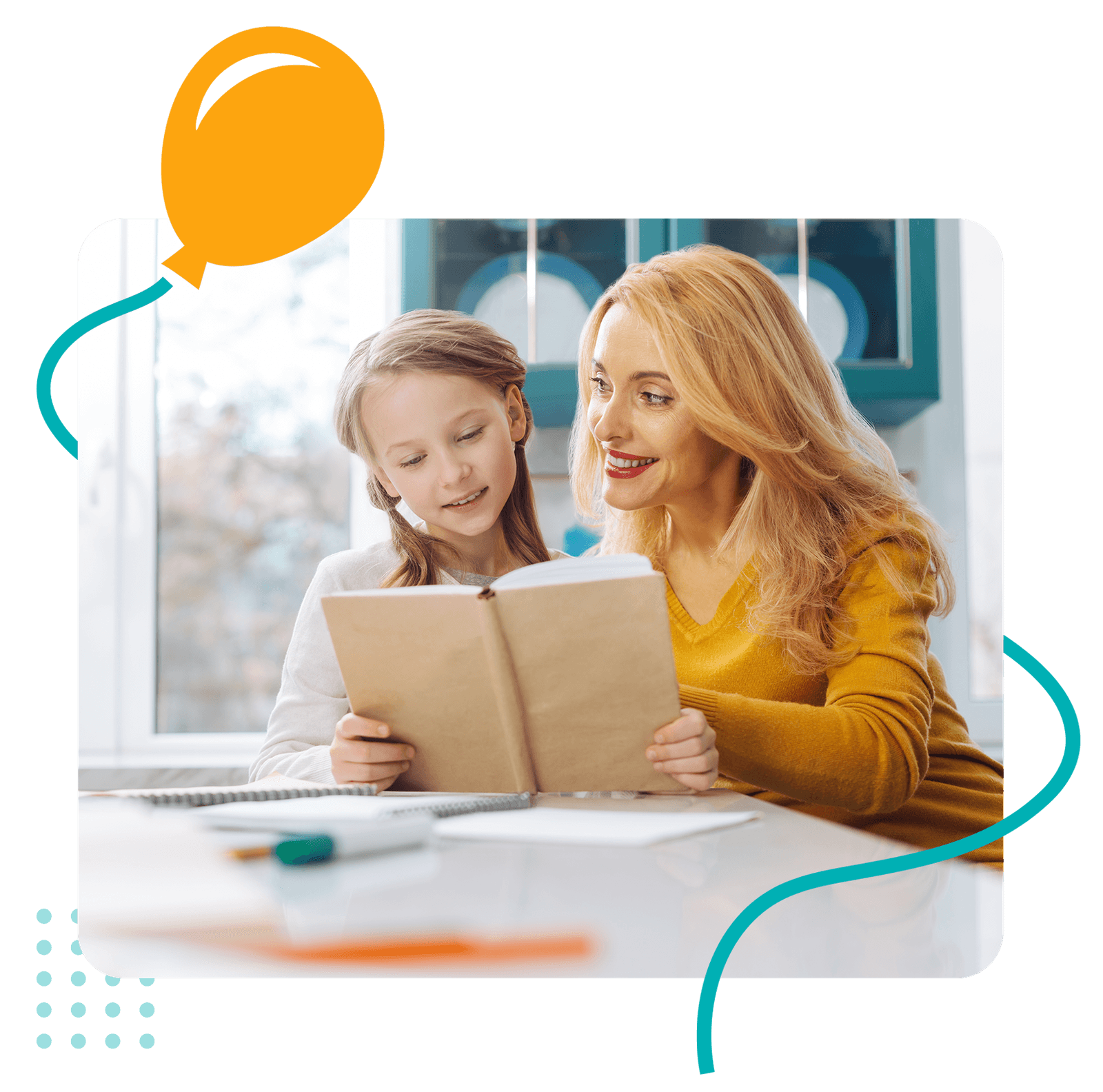 A woman and a little girl are sitting at a table reading a book.